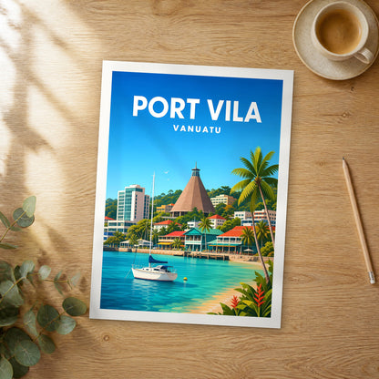 Unframed Port Vila vibrant digital travel poster on a wooden table