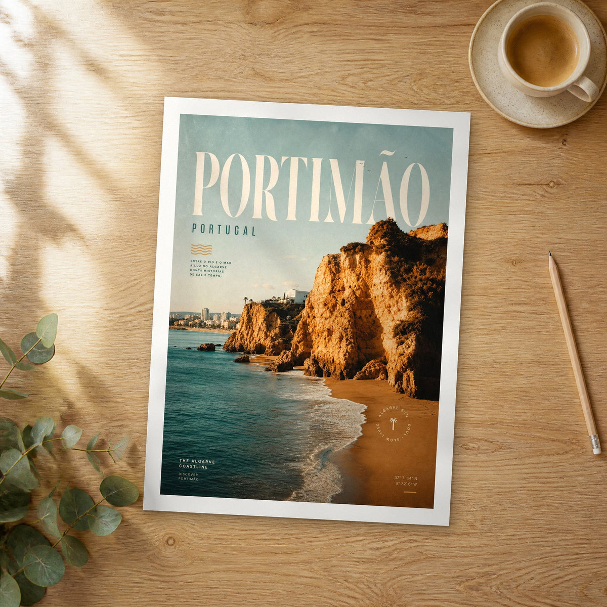 Unframed Portimão bold typography travel poster on a wooden table