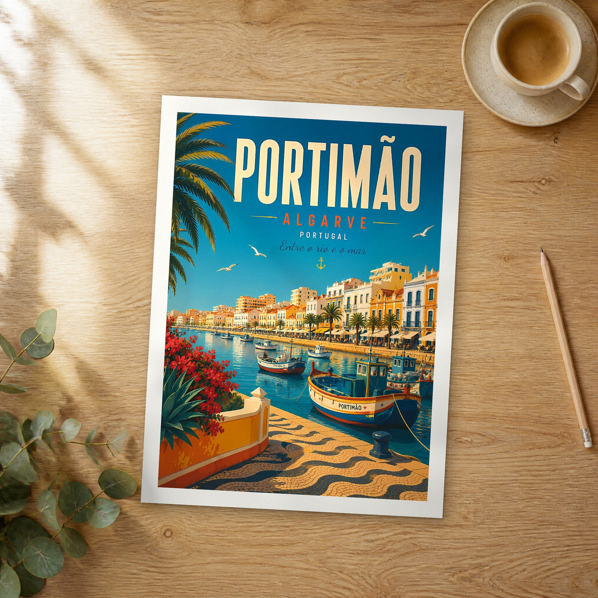 Unframed Portimão retro travel poster on a wooden table