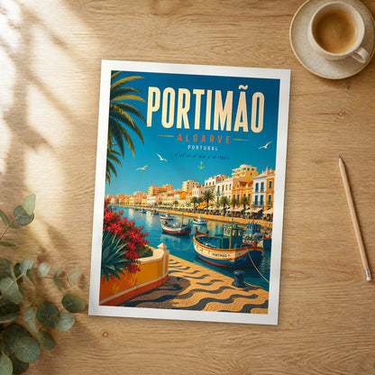 Unframed Portimão retro travel poster on a wooden table