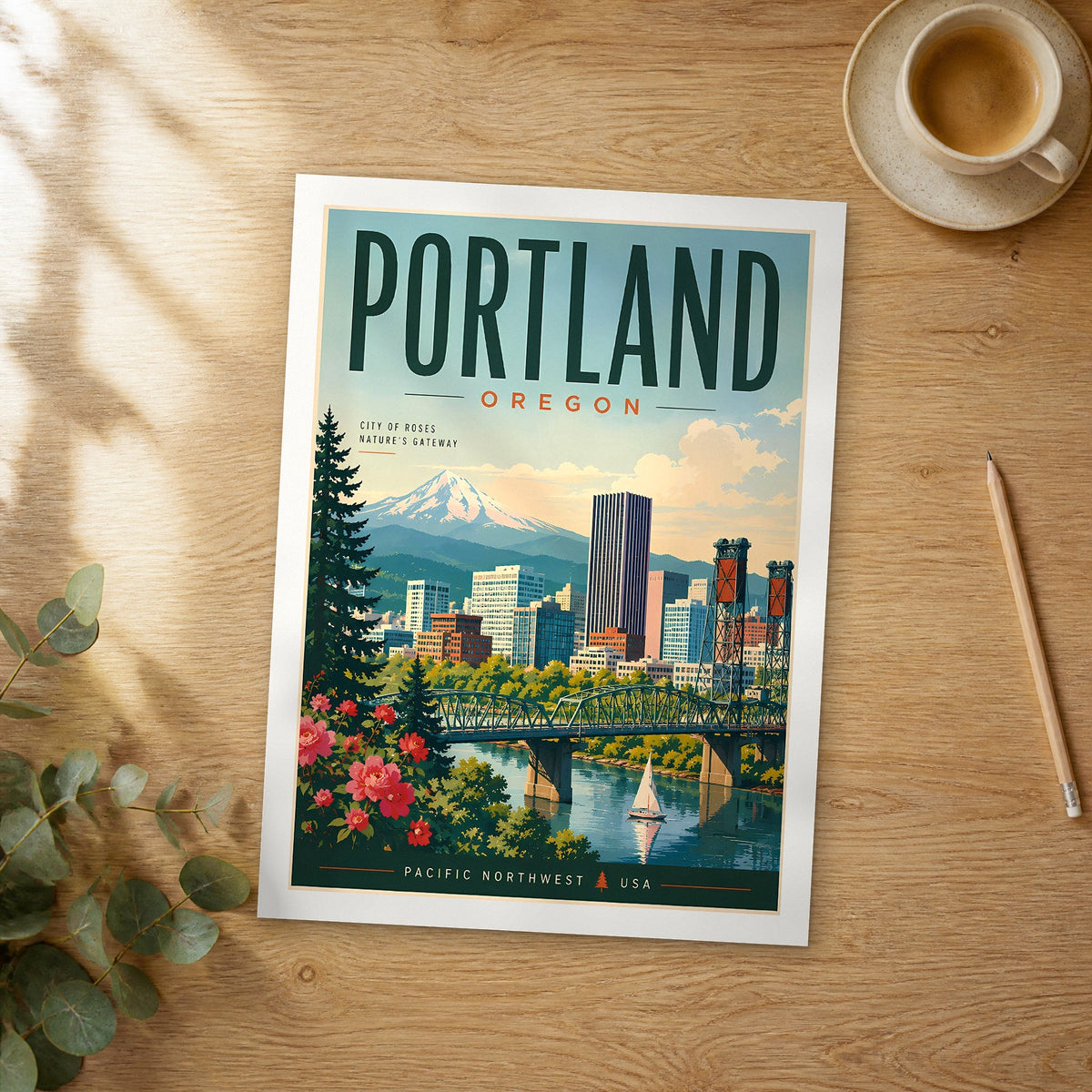 Unframed Portland retro travel poster on a wooden table