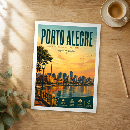 Unframed Porto Alegre Guaíba Sunset Skyline retro travel poster on a wooden table
