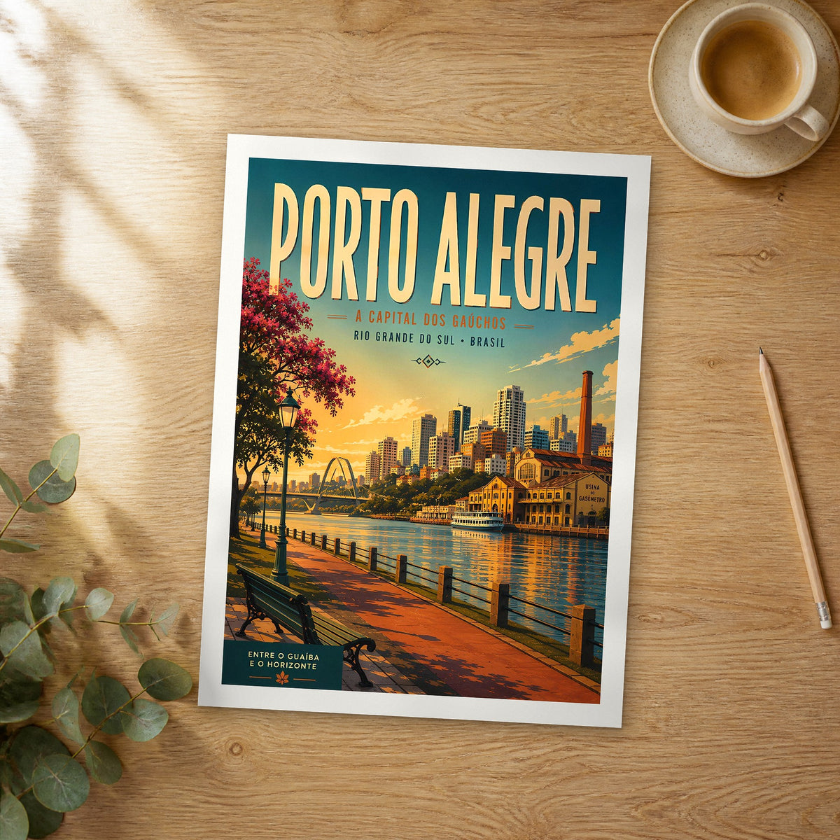 Unframed Porto Alegre Guaíba Waterfront Promenade retro travel poster on a wooden table