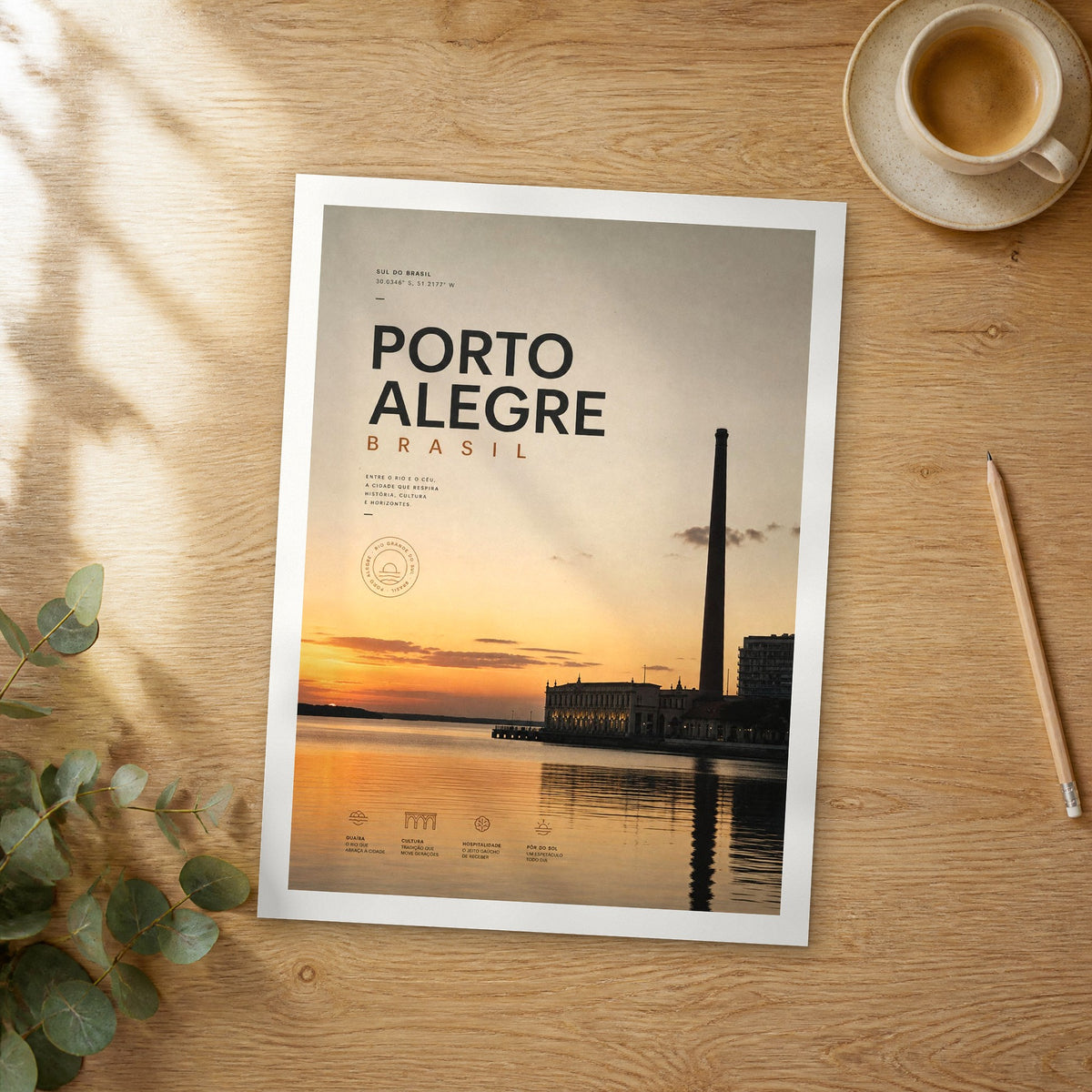 Unframed Porto Alegre Usina do Gasômetro Sunset bold typography travel poster on a wooden table