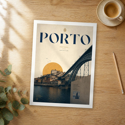 Unframed Porto bold typography travel poster on a wooden table