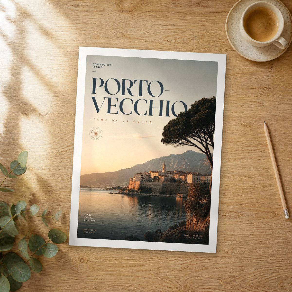 Unframed Porto Vecchio bold typography travel poster on a wooden table