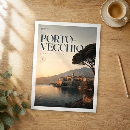 Unframed Porto Vecchio bold typography travel poster on a wooden table