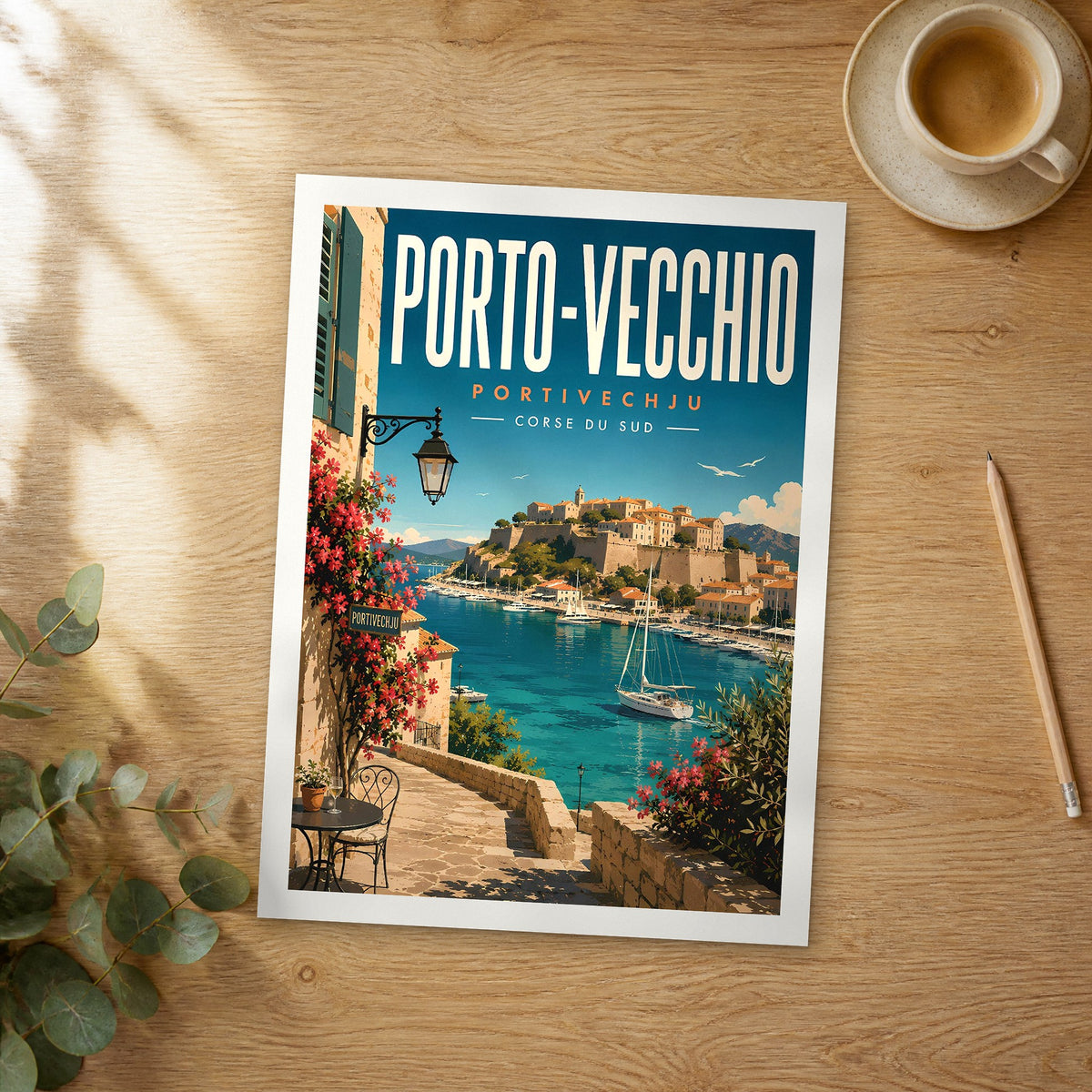 Unframed Porto Vecchio retro travel poster on a wooden table