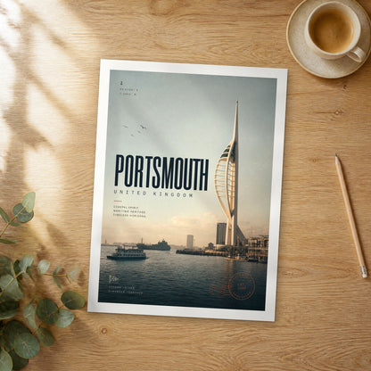 Unframed Portsmouth bold typography travel poster on a wooden table