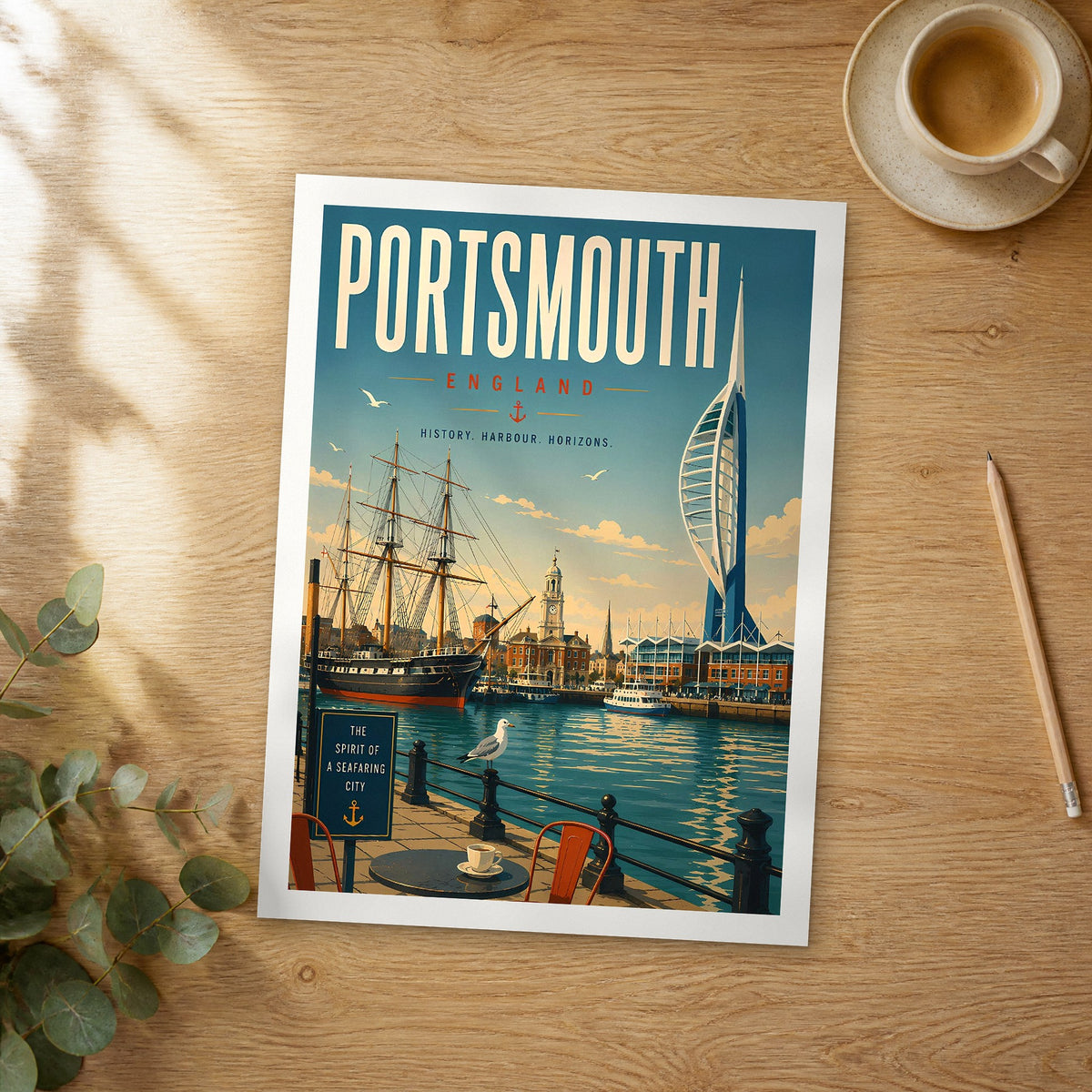 Unframed Portsmouth retro travel poster on a wooden table