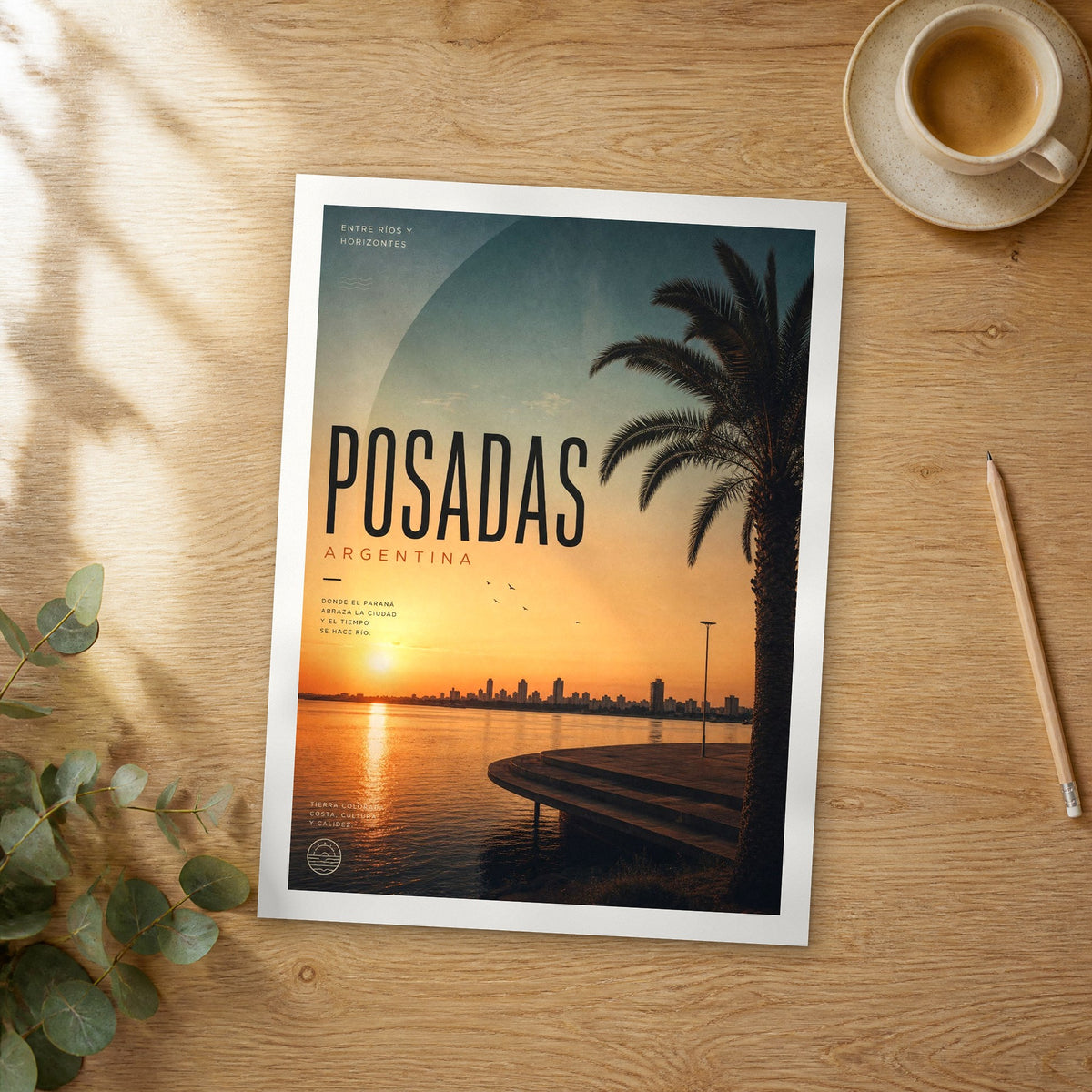 Unframed Posadas bold typography travel poster on a wooden table