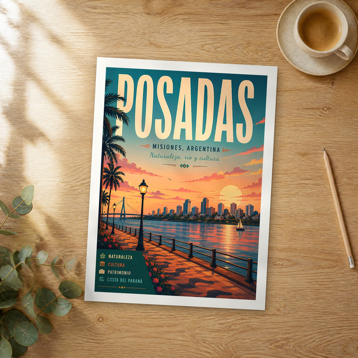 Unframed Posadas retro travel poster on a wooden table