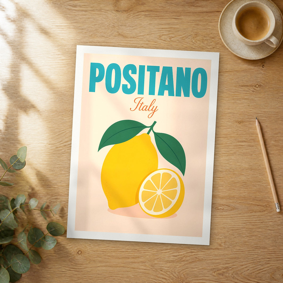Unframed Positano pop art travel poster on a wooden table