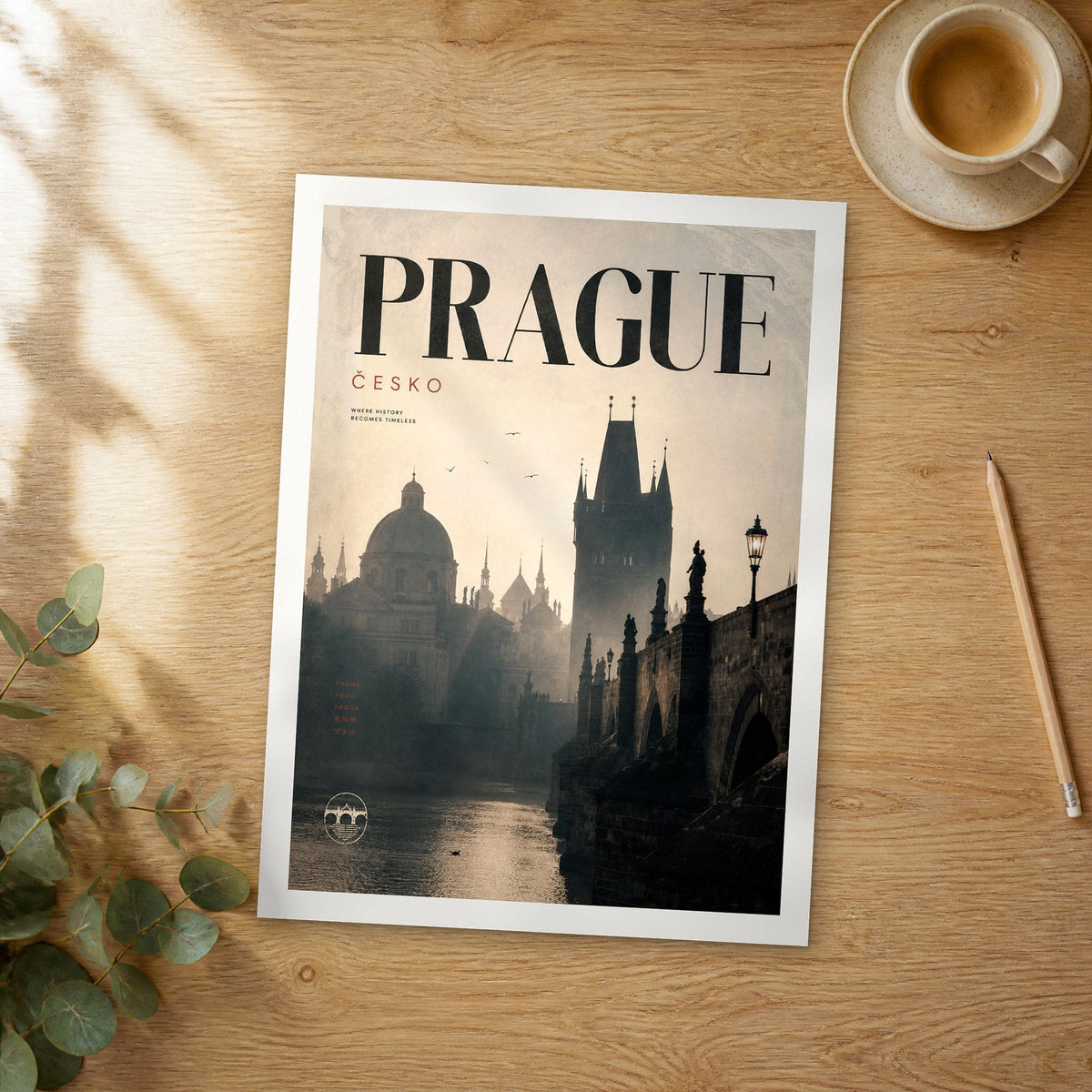 Unframed Prague bold typography travel poster on a wooden table
