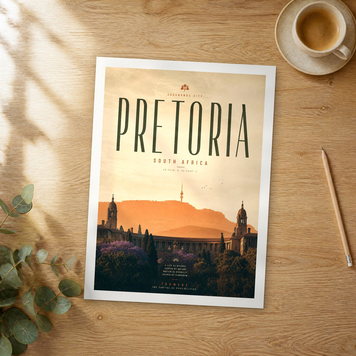 Unframed Pretoria bold typography travel poster on a wooden table