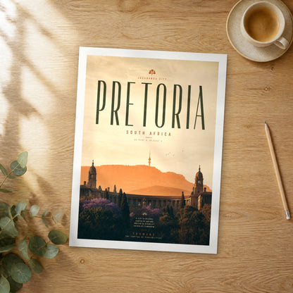 Unframed Pretoria bold typography travel poster on a wooden table