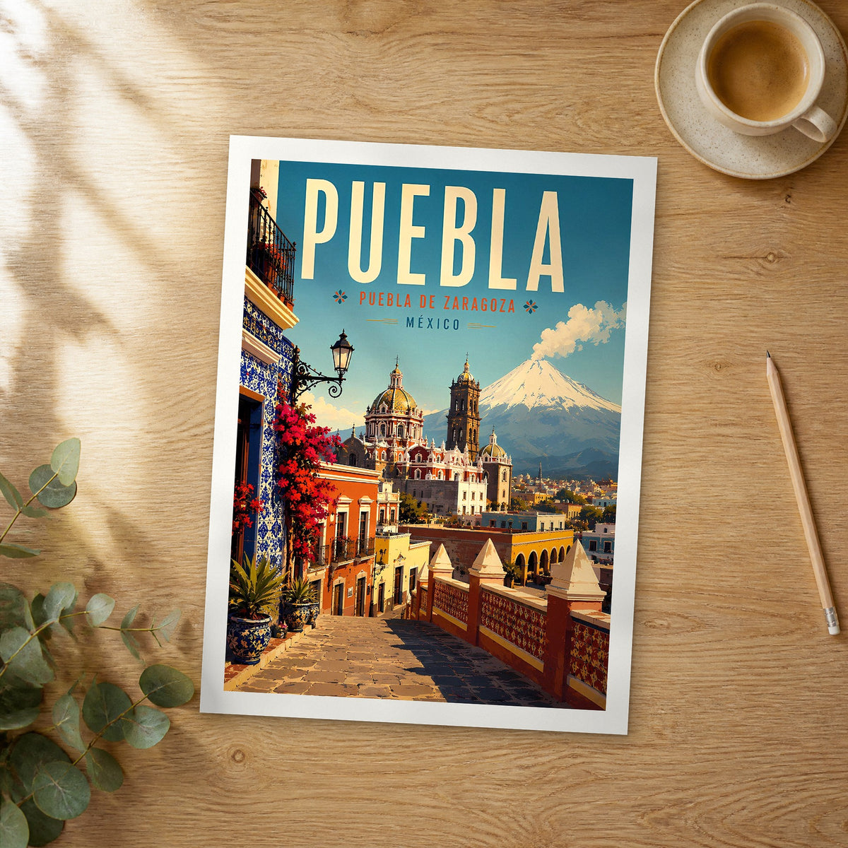 Unframed Puebla retro travel poster on a wooden table