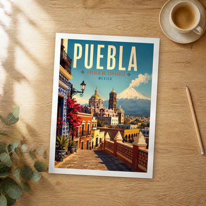 Unframed Puebla retro travel poster on a wooden table