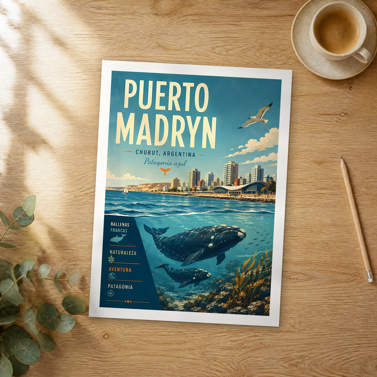 Unframed Puerto Madryn retro travel poster on a wooden table