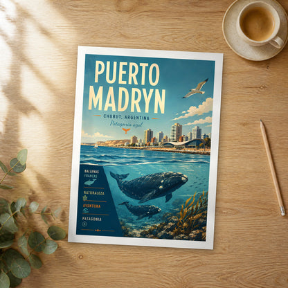 Unframed Puerto Madryn retro travel poster on a wooden table