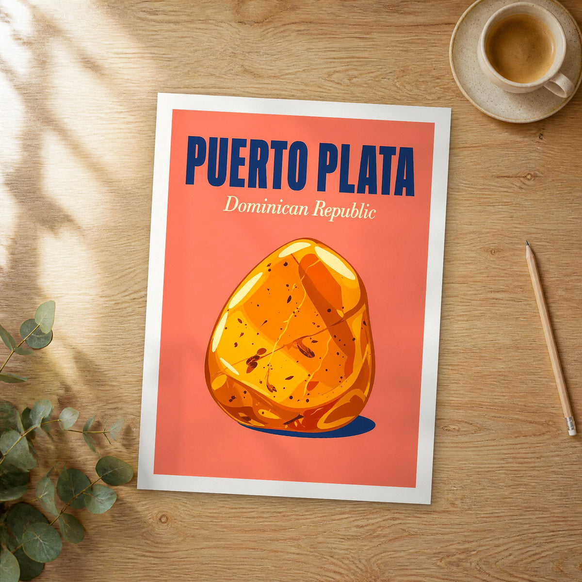 Unframed Puerto Plata pop art travel poster on a wooden table