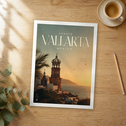 Unframed Puerto Vallarta bold typography travel poster on a wooden table