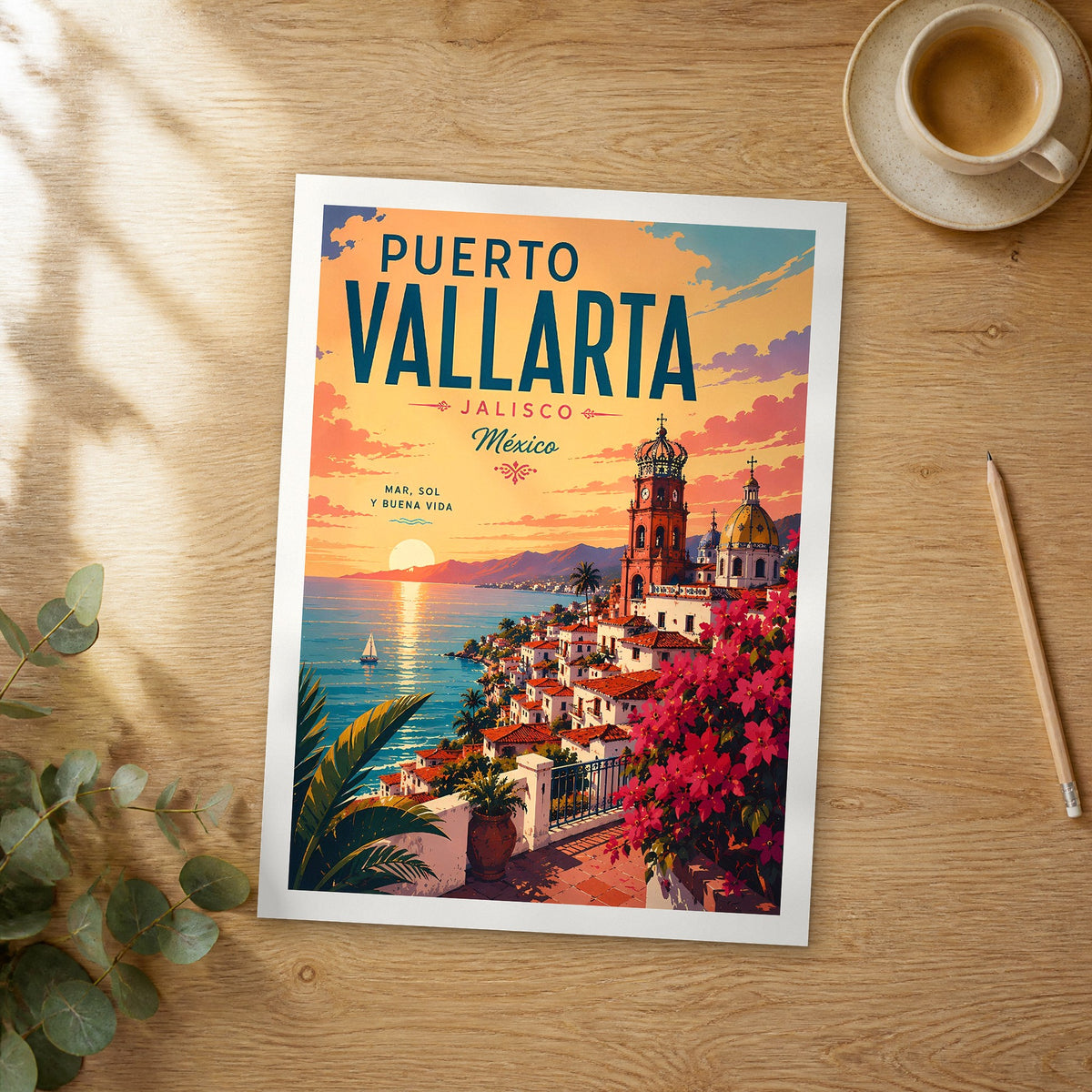 Unframed Puerto Vallarta retro travel poster on a wooden table