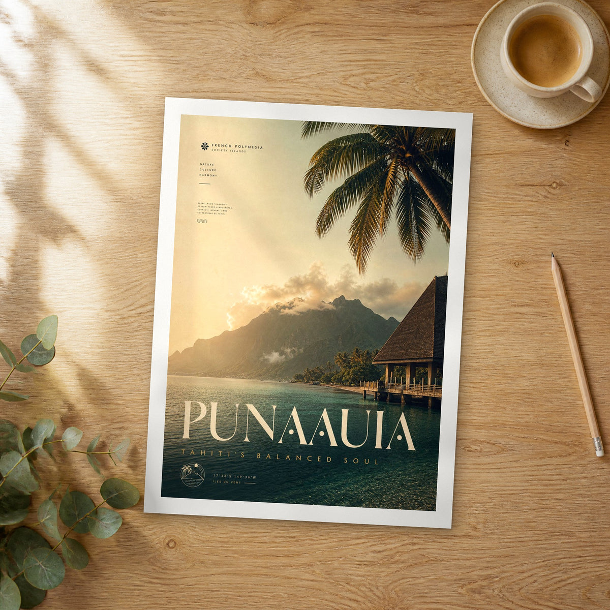 Unframed Punaauia bold typography travel poster on a wooden table