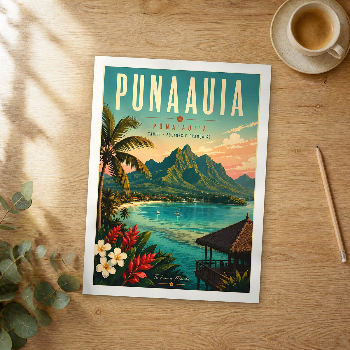 Unframed Punaauia retro travel poster on a wooden table