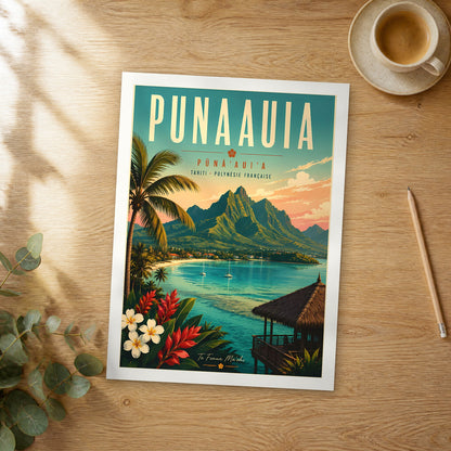 Unframed Punaauia retro travel poster on a wooden table
