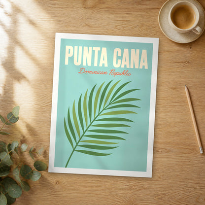 Unframed Punta Cana pop art travel poster on a wooden table