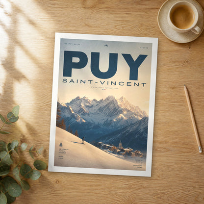 Unframed Puy saint vincent bold typography travel poster on a wooden table