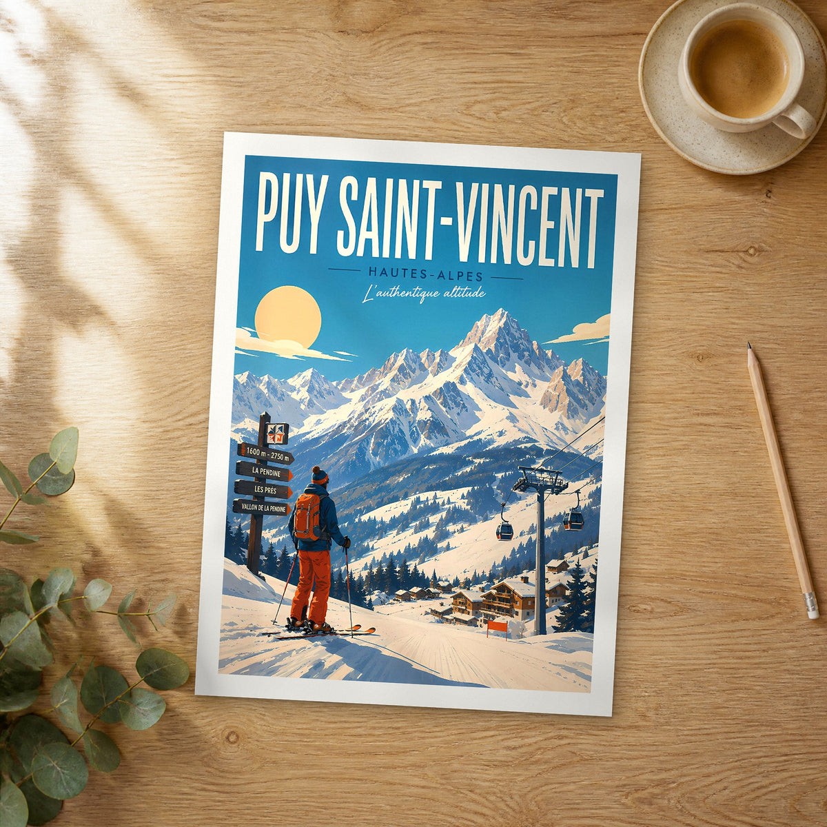 Unframed Puy saint vincent retro travel poster on a wooden table