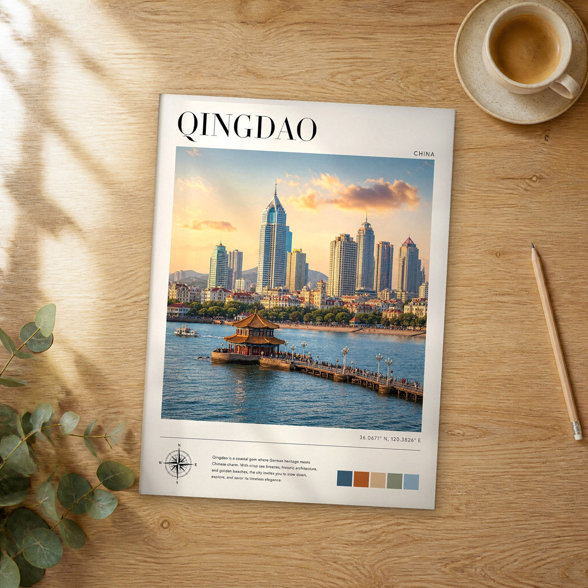 Unframed Qingdao modern photography travel poster on a wooden table