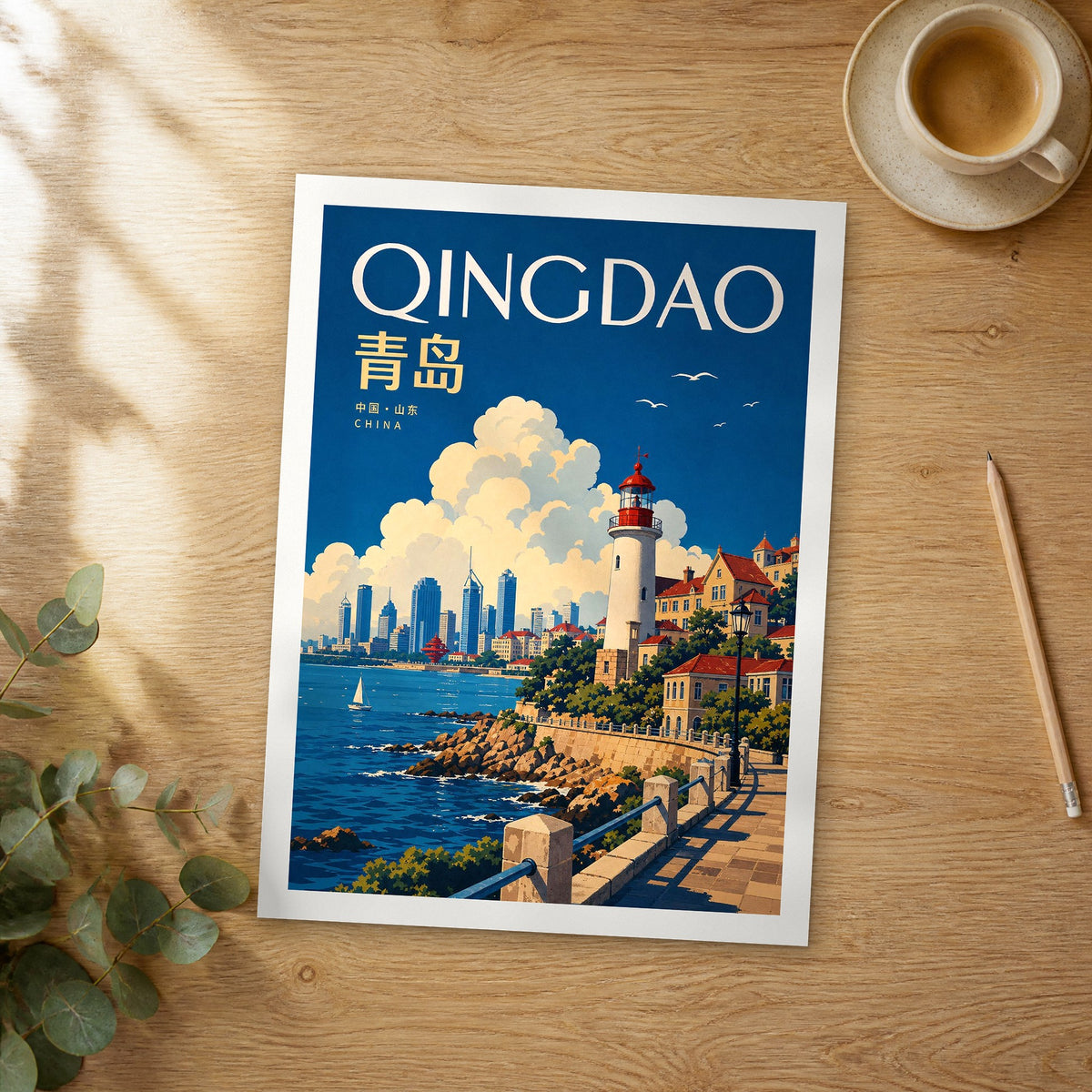 Unframed Qingdao retro travel poster on a wooden table