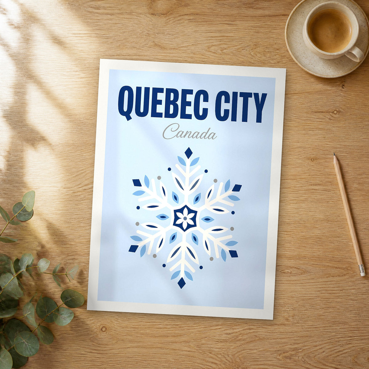 Unframed Quebec City pop art travel poster on a wooden table