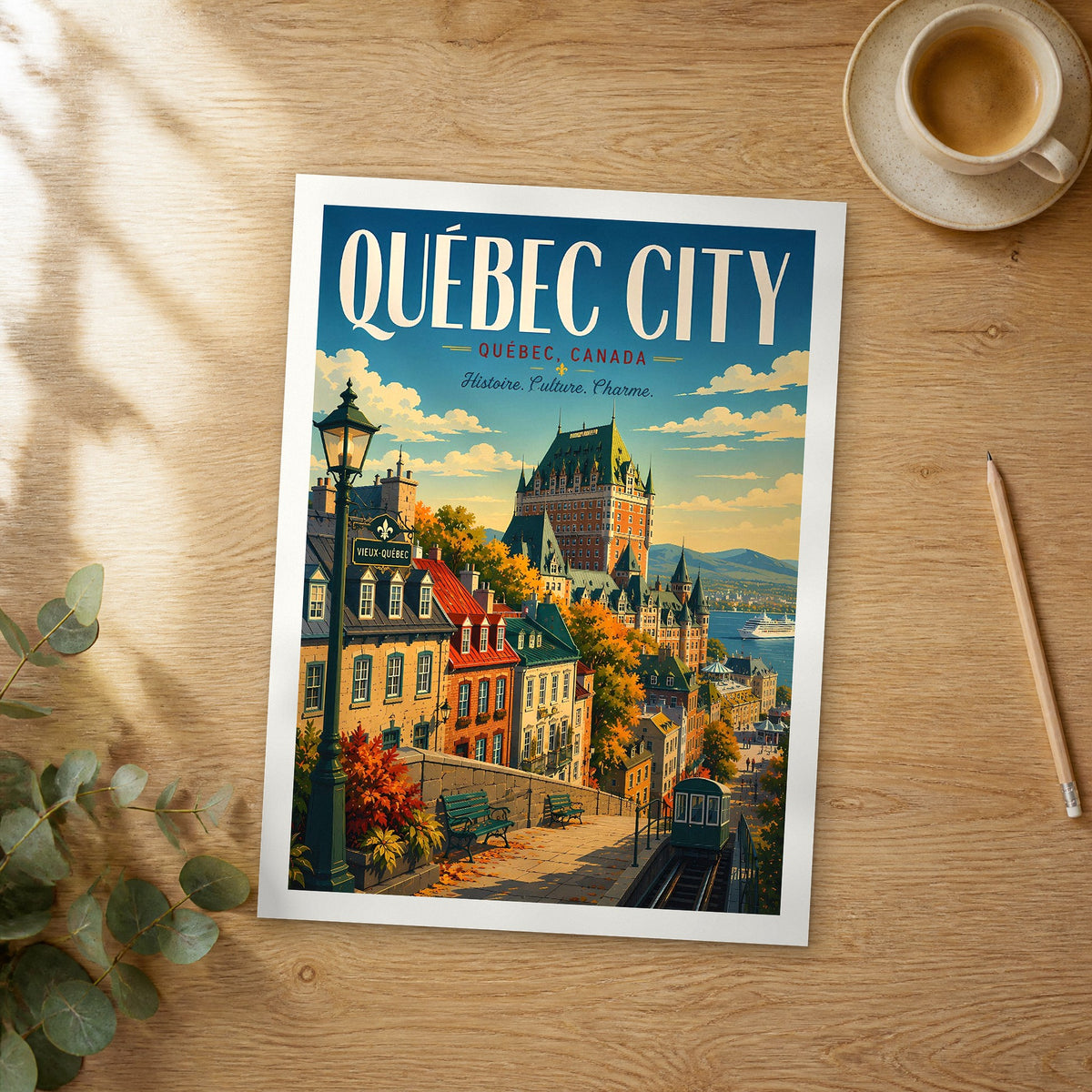 Unframed Quebec City retro travel poster on a wooden table