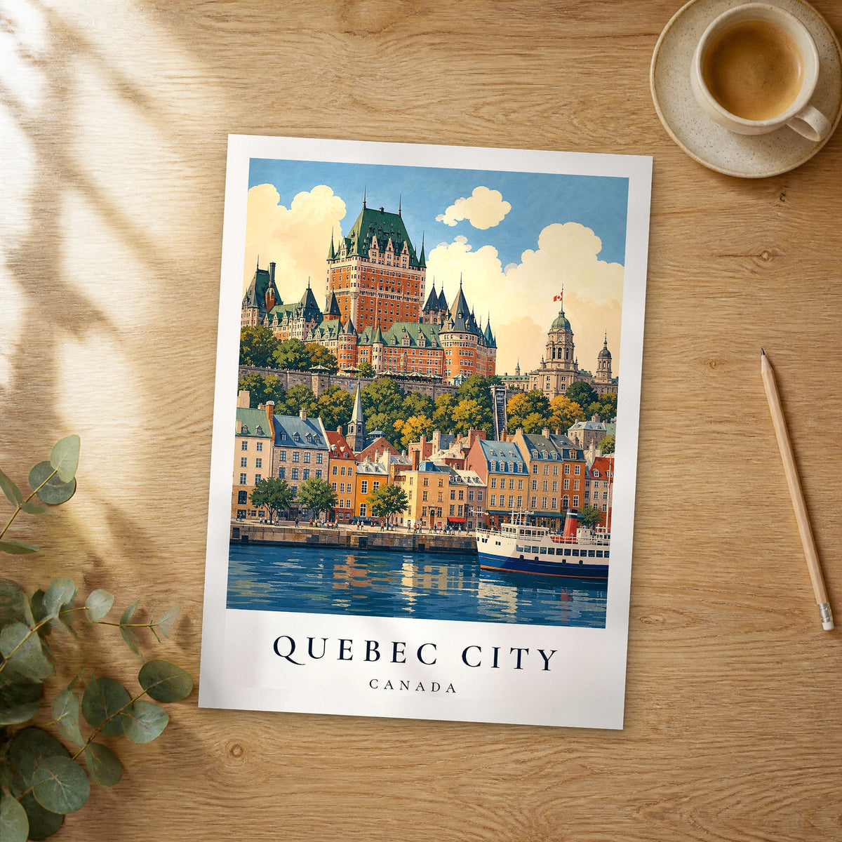 Unframed Quebec City vintage travel poster on a wooden table