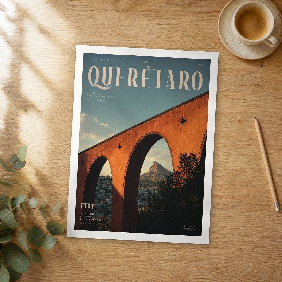Unframed Queretaro bold typography travel poster on a wooden table