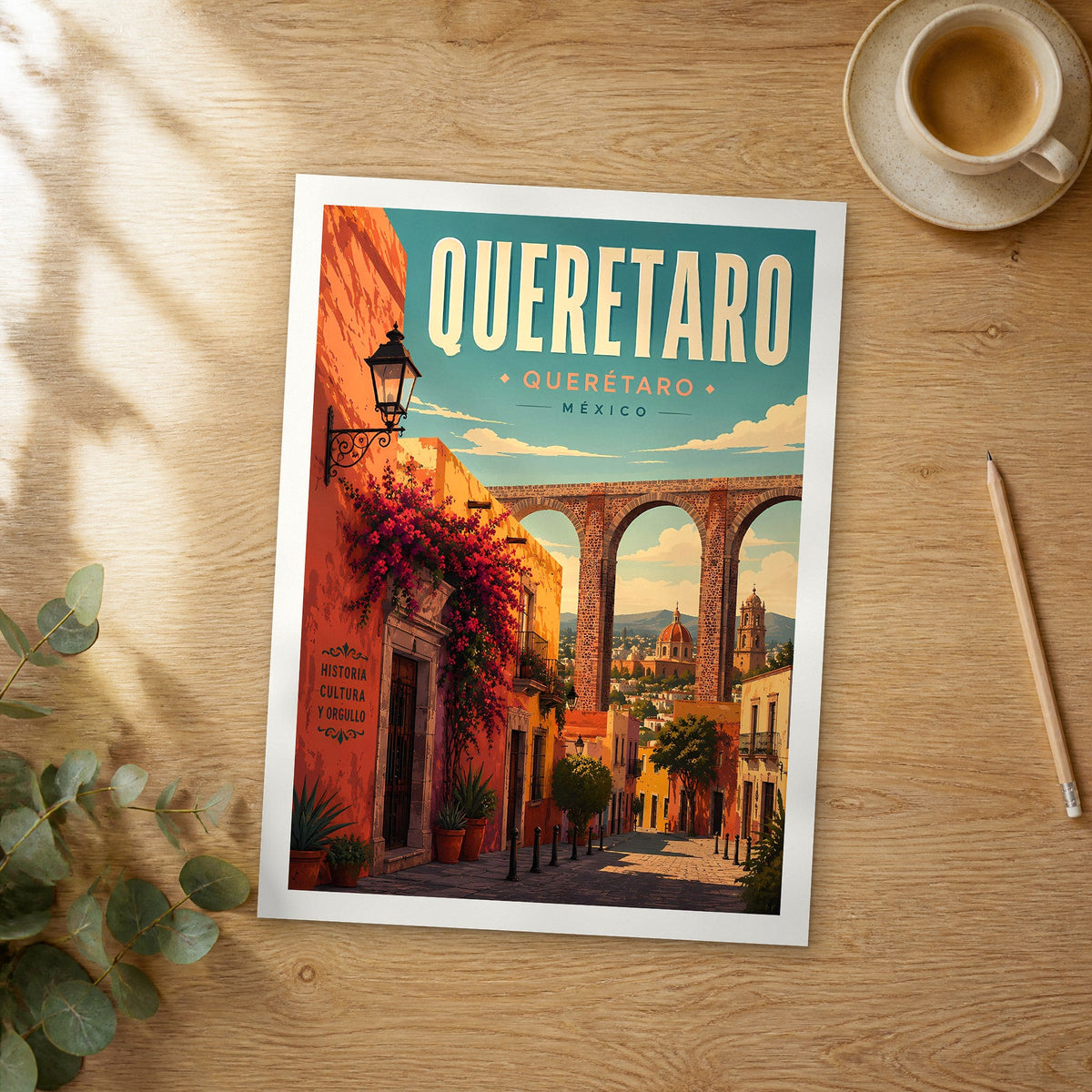 Unframed Queretaro retro travel poster on a wooden table