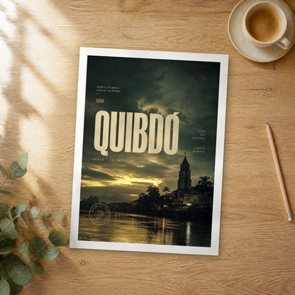 Unframed Quibdó bold typography travel poster on a wooden table
