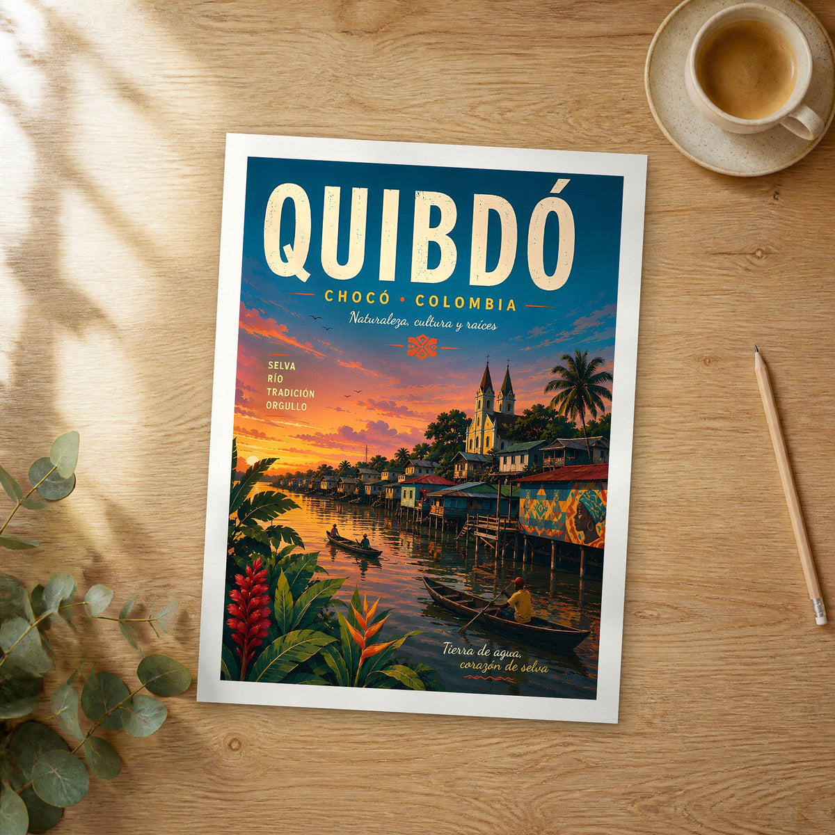 Unframed Quibdó retro travel poster on a wooden table