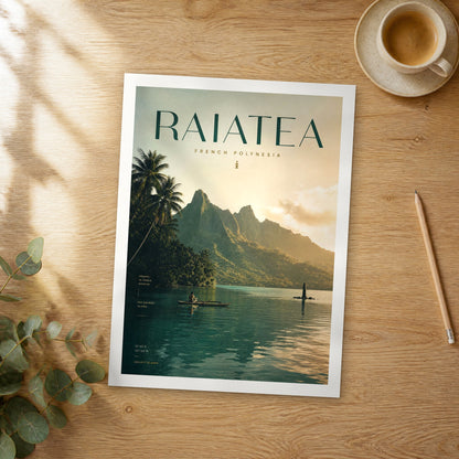 Unframed Raiatea bold typography travel poster on a wooden table