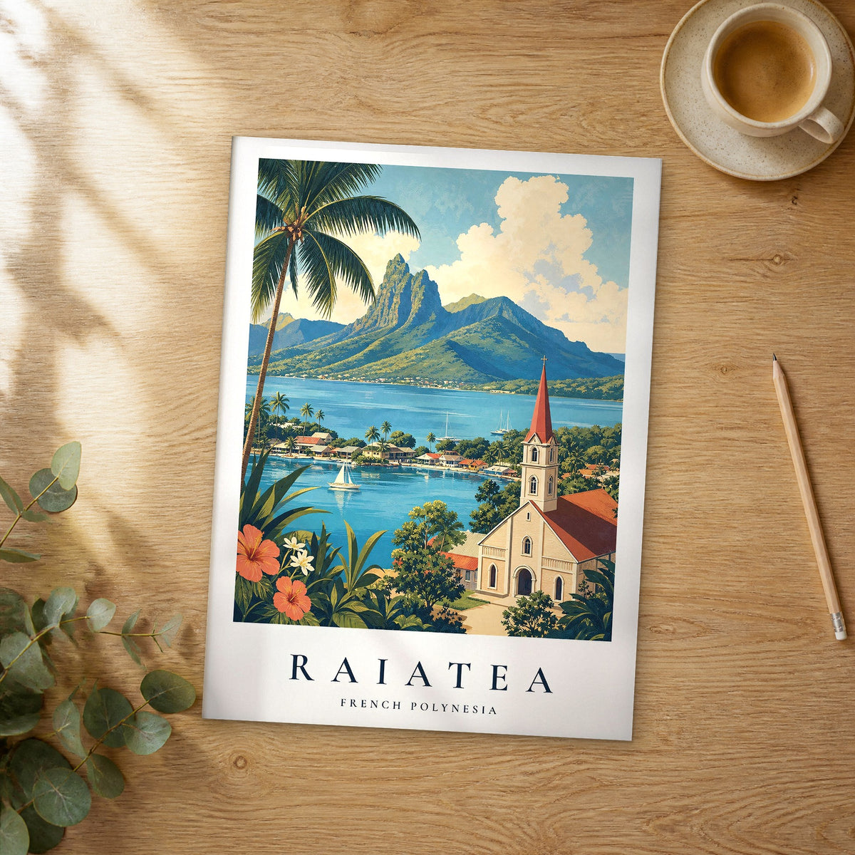 Unframed Raiatea vintage travel poster on a wooden table