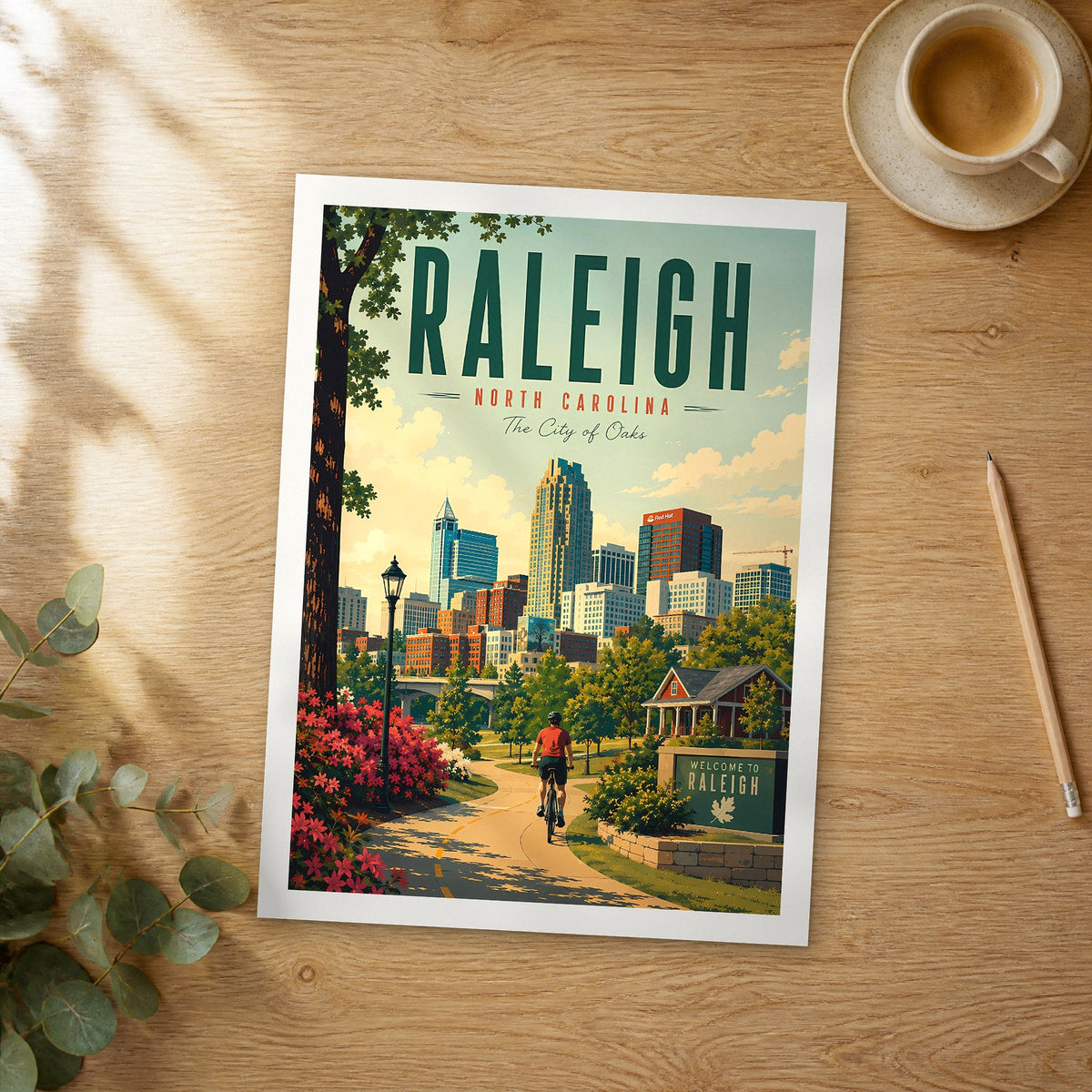 Unframed Raleigh retro travel poster on a wooden table