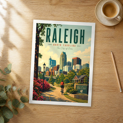 Unframed Raleigh retro travel poster on a wooden table