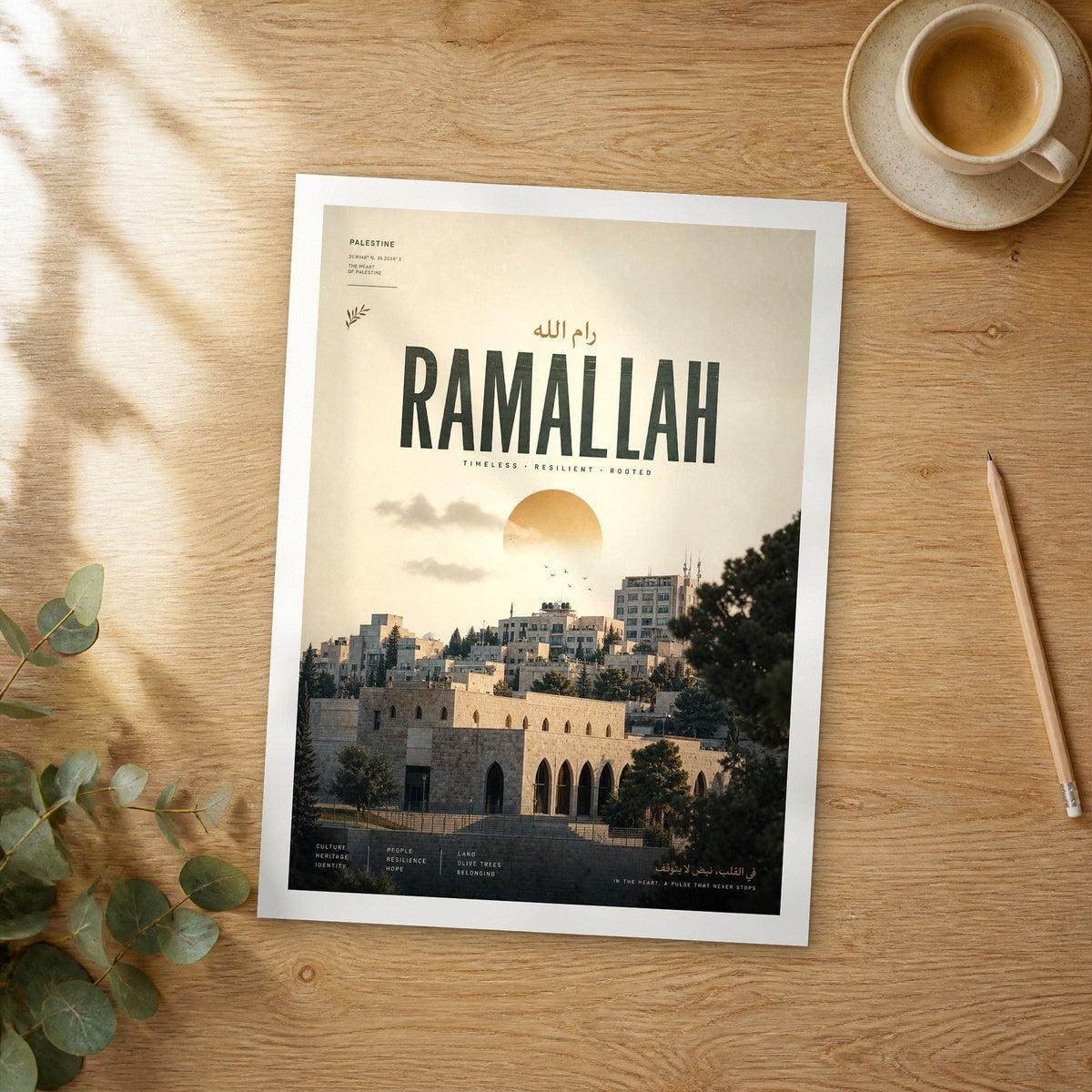Unframed Ramallah bold typography travel poster on a wooden table