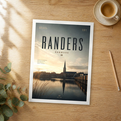 Unframed Randers bold typography travel poster on a wooden table