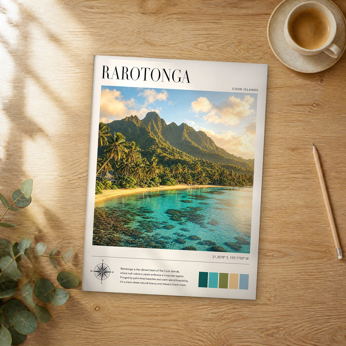 Unframed Rarotonga modern photography travel poster on a wooden table