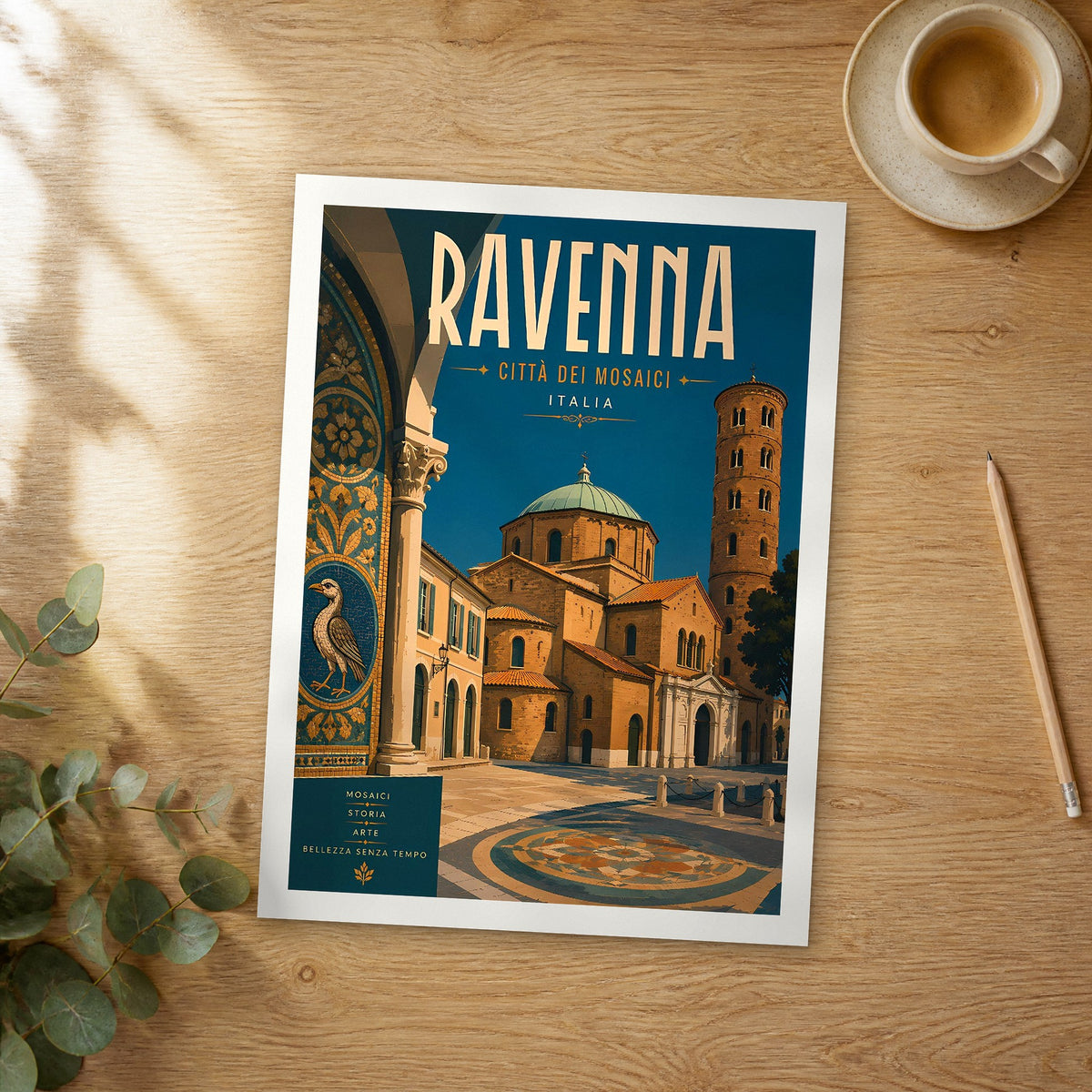 Unframed Ravenna retro travel poster on a wooden table